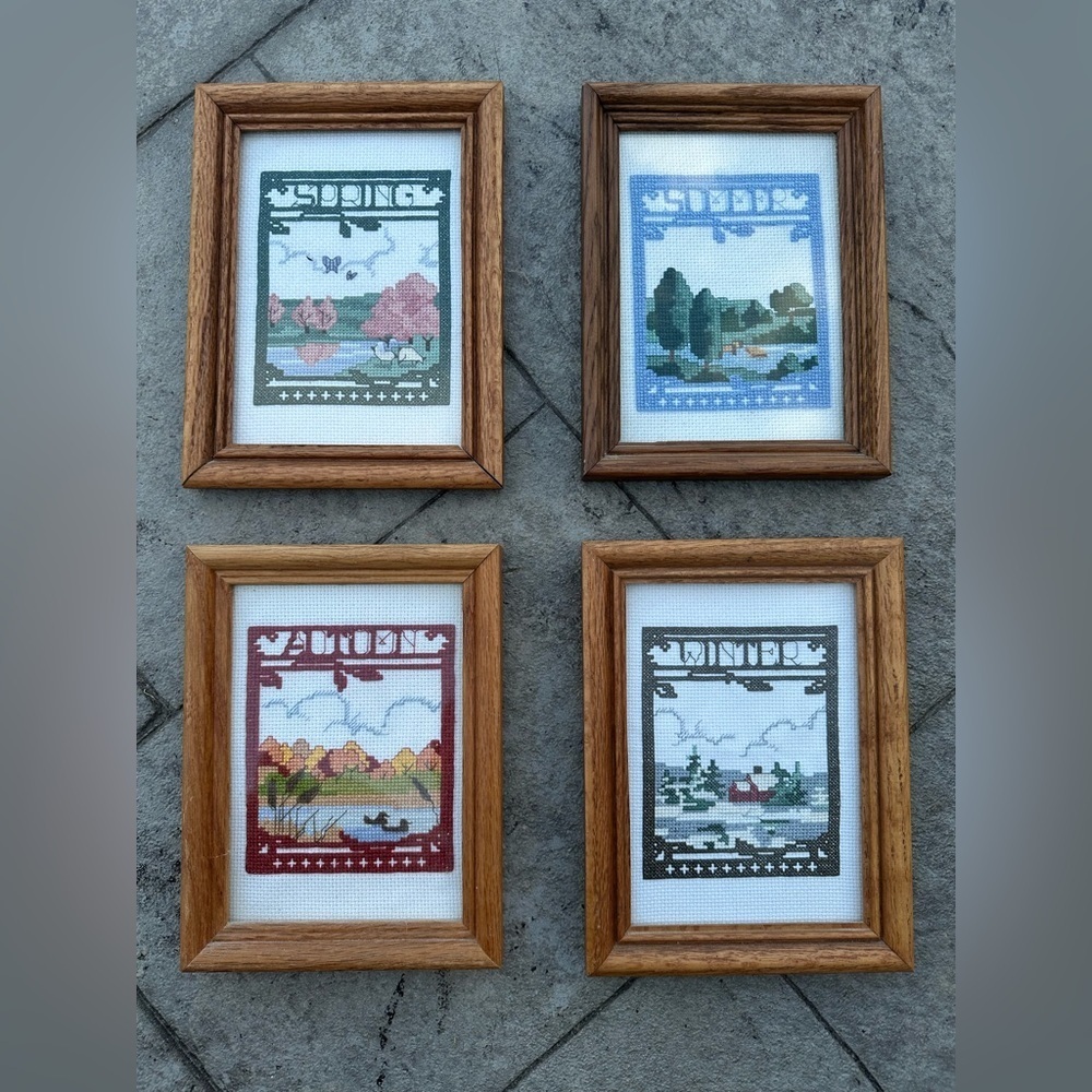 Vintage Framed Four Seasons Needle Point Krewel Set of 4 Cottage Grandma Art
